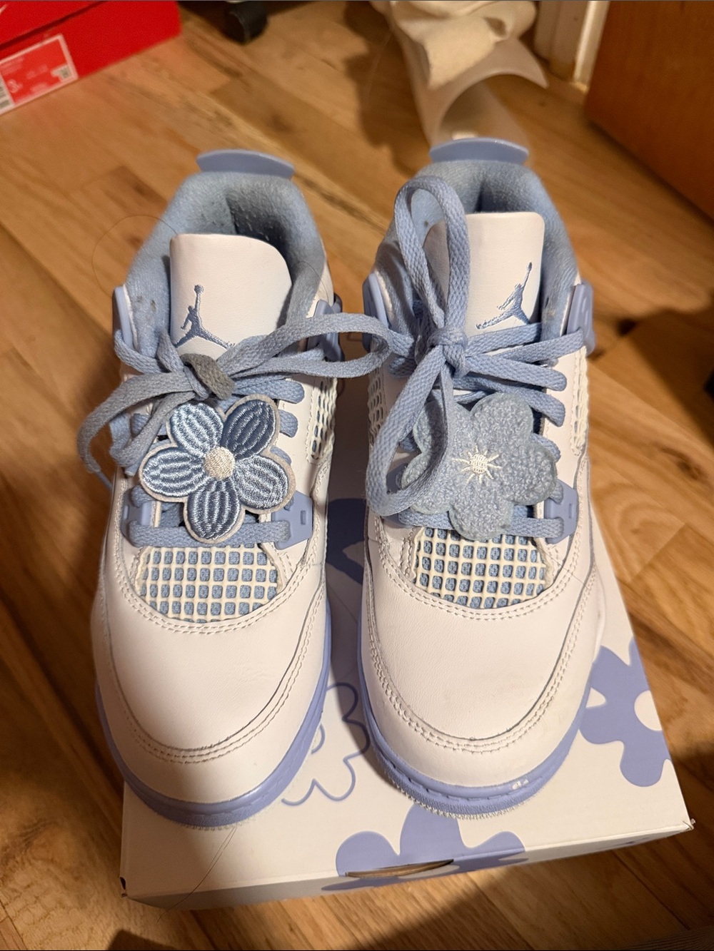 Jordan Kids' Sneakers in White and Light Blue with Flower Lace Charms